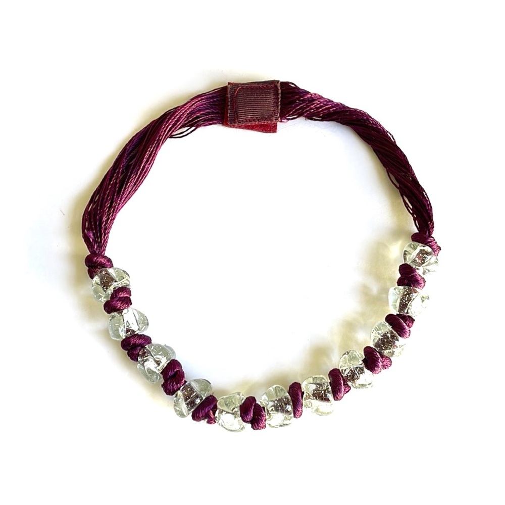 Handmade Italian necklace with clear glass beads and plum colored strings